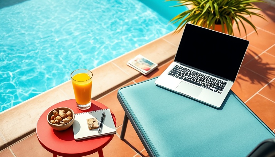 Poolside leisure crafting setup with laptop and snacks.