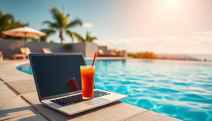 Leisure crafting essentials by the pool with a laptop and a drink
