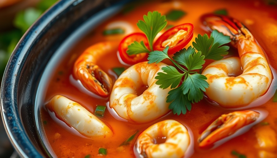 Thai seafood soup with coriander in a blue bowl, garnished with chili.