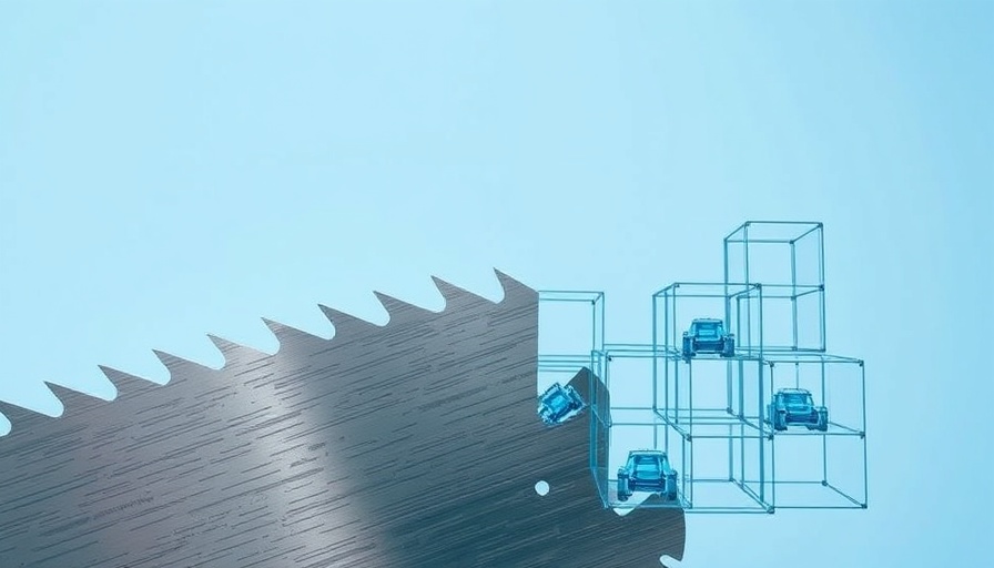 Sleek saw blade pixelating into digital cubes, symbolizing AI in construction.