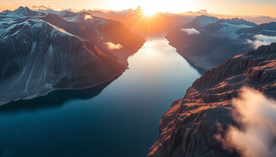Aerial view of glacier lake in national park at sunrise.