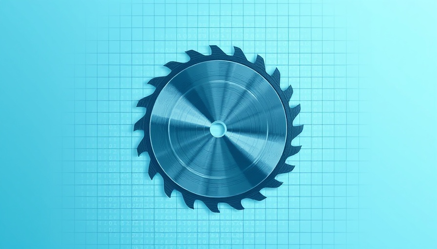 Conceptual saw blade cutting through digital pixels on blue background
