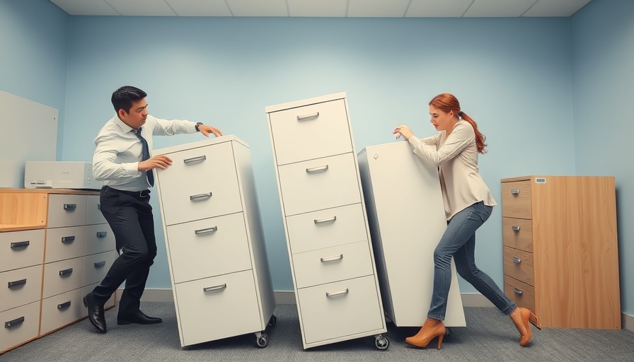 Office workers stabilize leaning cabinets, illustrating how to tell your boss they're wrong tactfully.