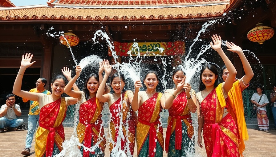 Joyful celebration with water splashing and traditional attire.