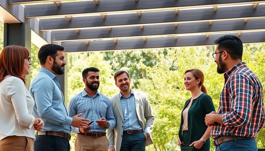 Professionals discussing business strategies outdoors under a pergola.