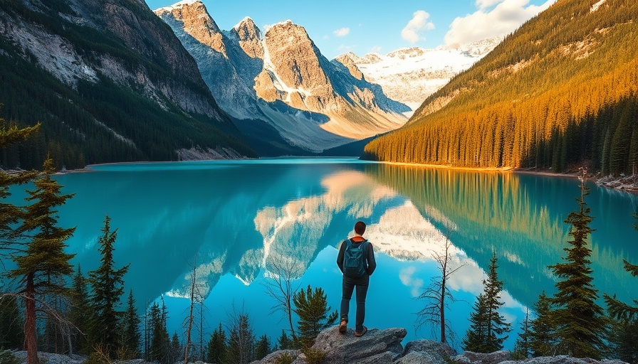 Hiker by turquoise lake in Rocky Mountain hikes, serene and vibrant scenery.