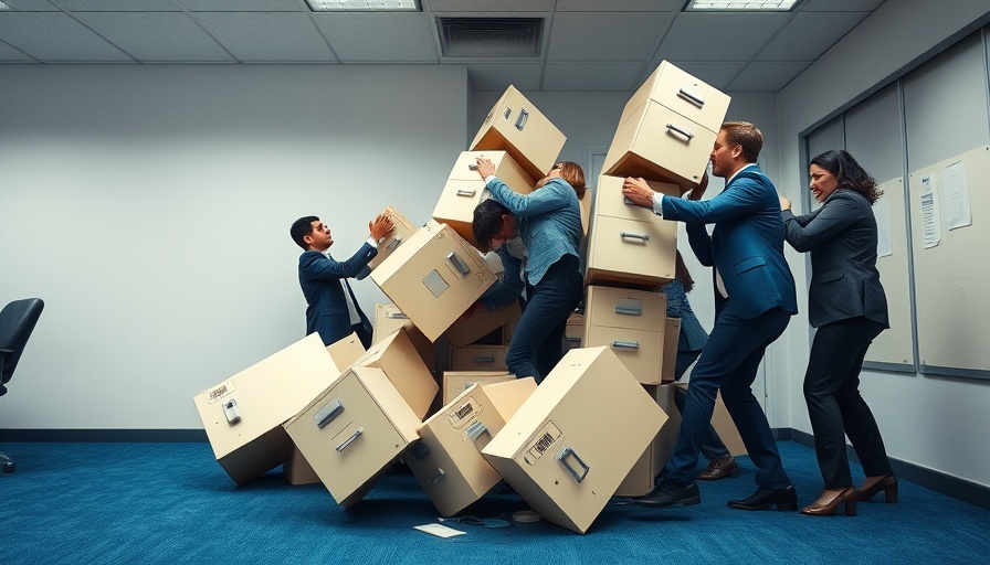 Office workers managing falling cabinets, symbolizing workplace challenges.
