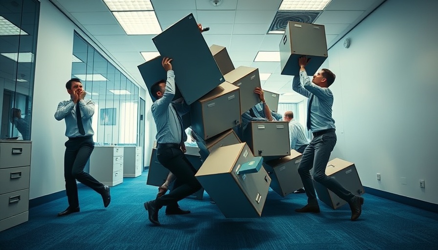 Office workers struggling with file cabinets in office