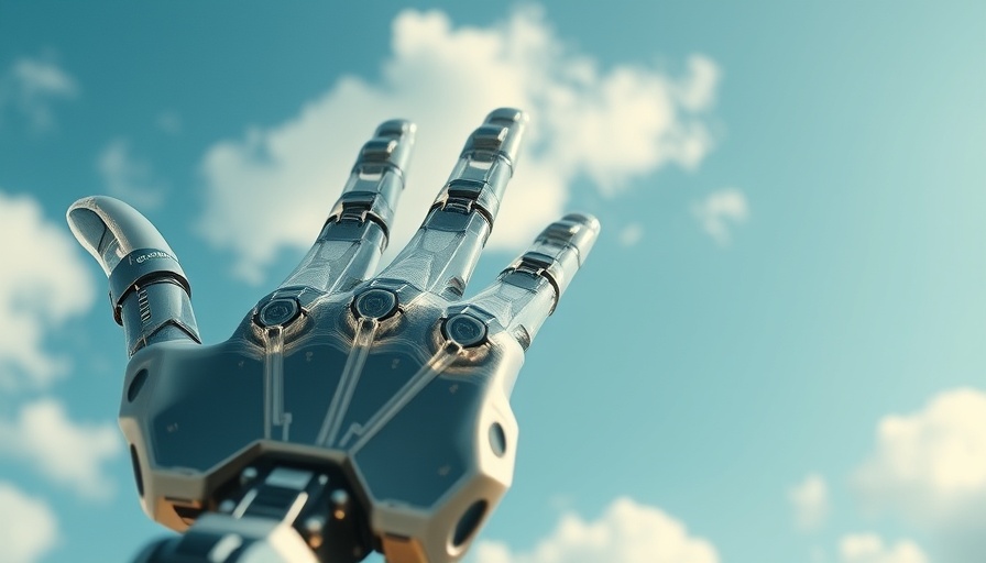 Transparent robotic hand reaching towards the sky, symbolizing AI integration.