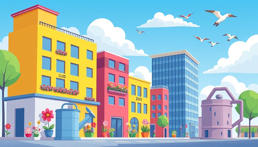 Cartoon of flowers growing from corporate buildings, symbolizing corporate sustainability crisis.