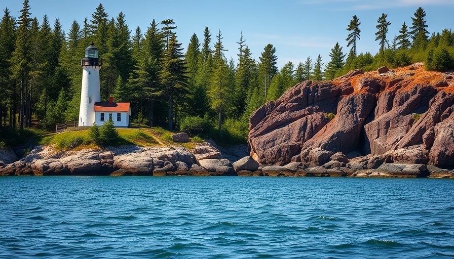 Scenic lighthouse in Isle Royale National Park surrounded by forest