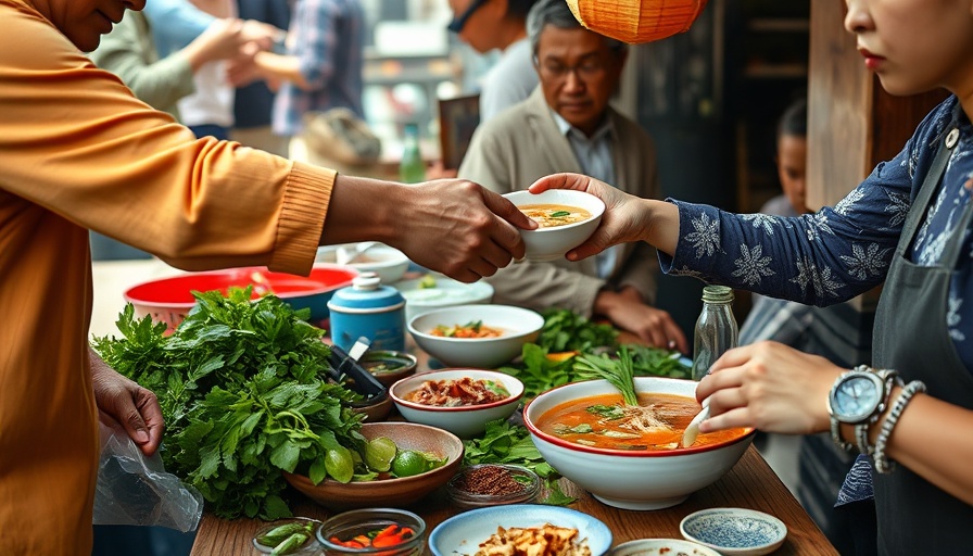 Vietnamese street food exchange showcasing pho and ingredients.
