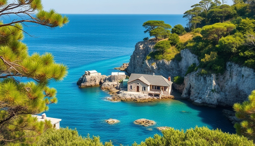 Charming coastal house in Greece along rocky cliffs near the sea.