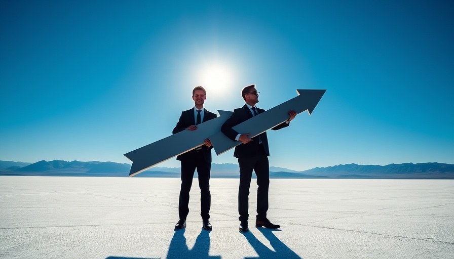 Business silhouettes holding arrows on salt flats.