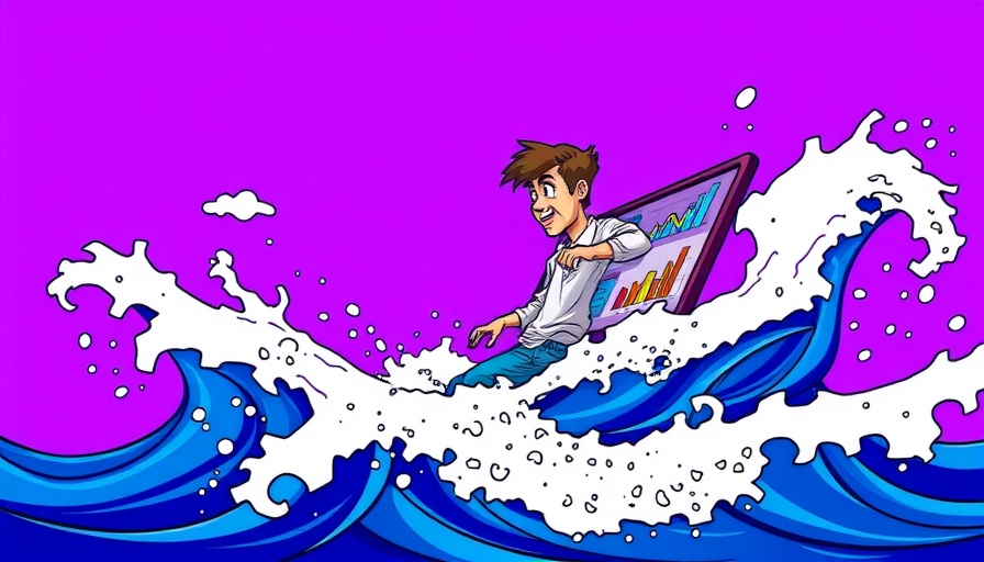 Dynamic cartoon of surfing on charts symbolizes positivity in leadership.