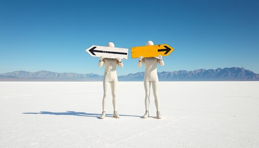 Contrasting figures with arrows in a wide open salt flat, Leadership in Sales for Women Entrepreneurs theme.