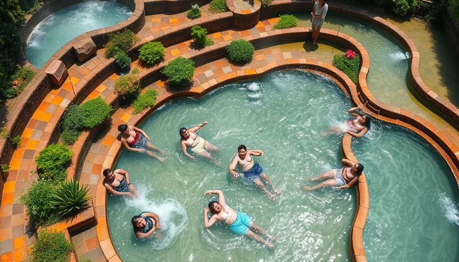Aerial view of vibrant natural hot springs in Tuscany with families enjoying the water.