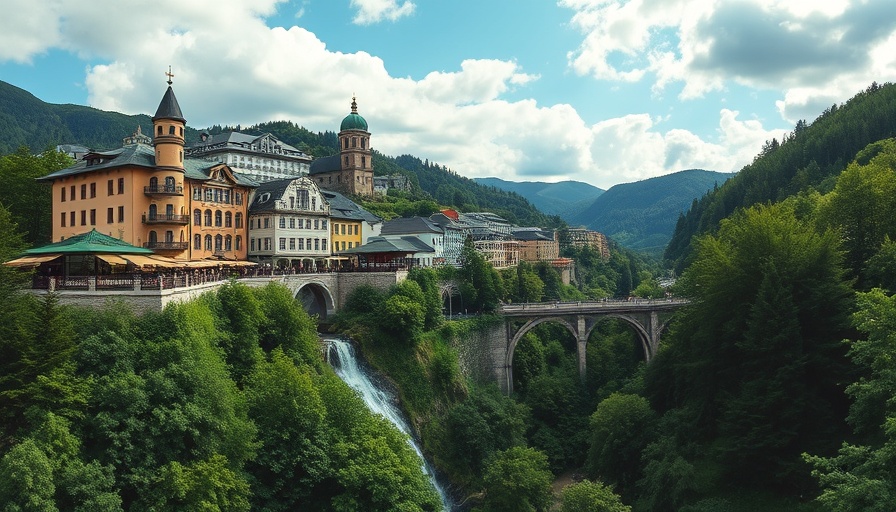 Scenic view of Bad Gastein with waterfall and historic buildings, Austria.