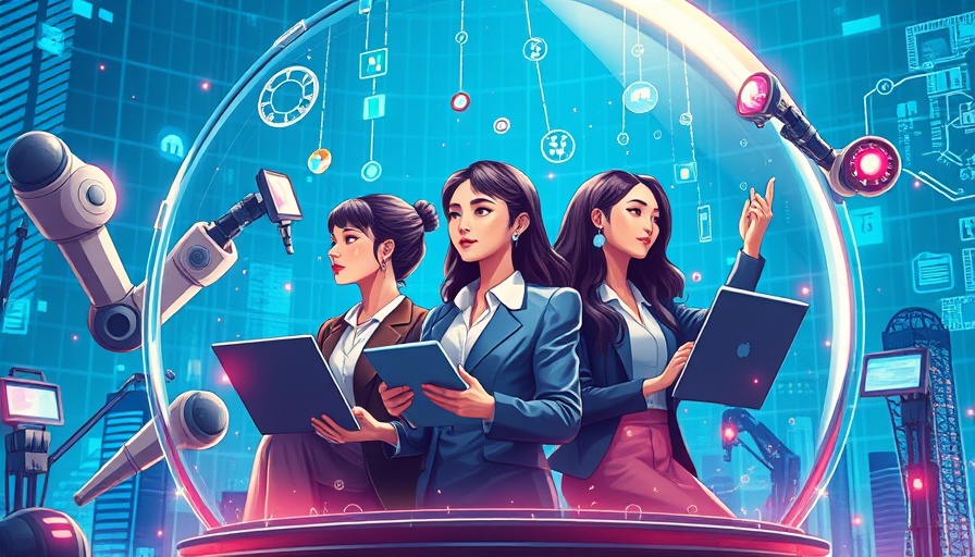 Futuristic smart city with women in business innovation.