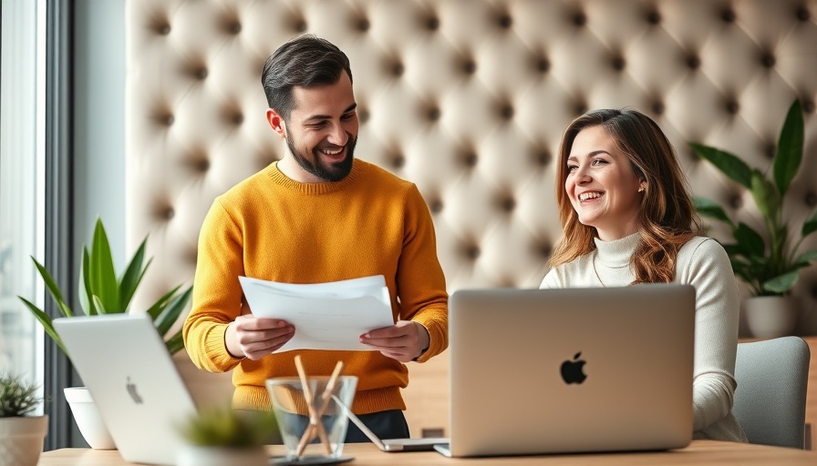 Friendly teamwork in office, smiling while collaborating.