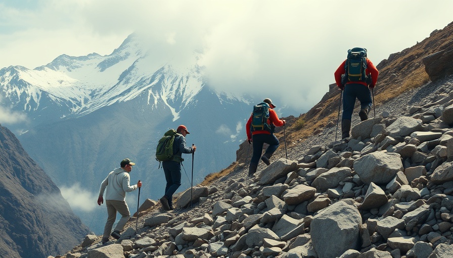 Adventurous hikers climbing a steep rocky trail in British Columbia.