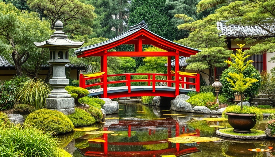 Serene Japanese garden with red bridge, representing Tokyo travel adventure.