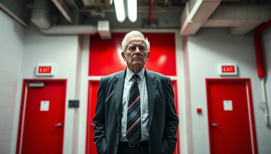 Businessman deciding among three red doors, symbolizing choices.