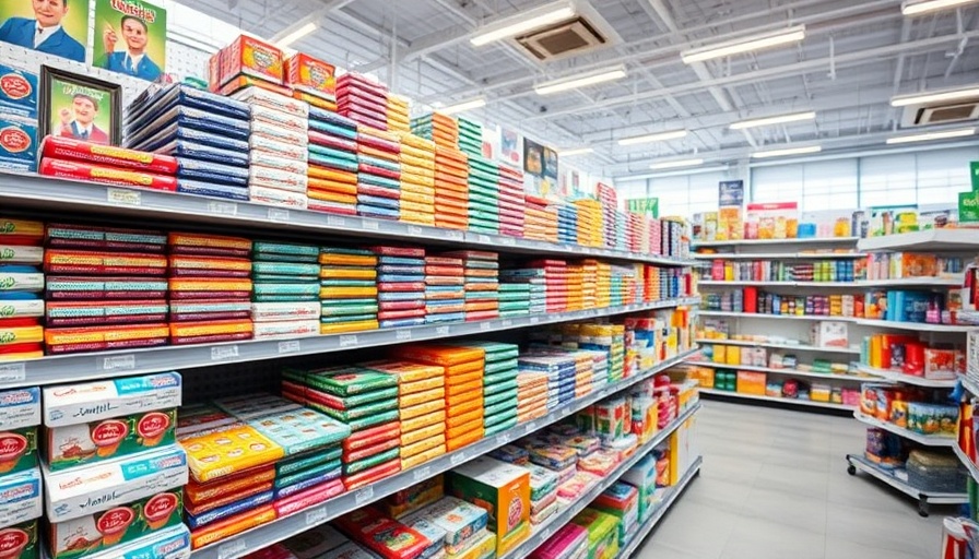 Bright retail shelf with colorful products in a vibrant store display.