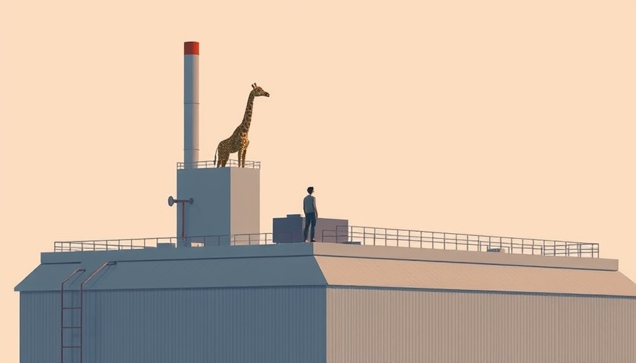 Minimalistic illustration of person and giraffe on building with serene ambiance.