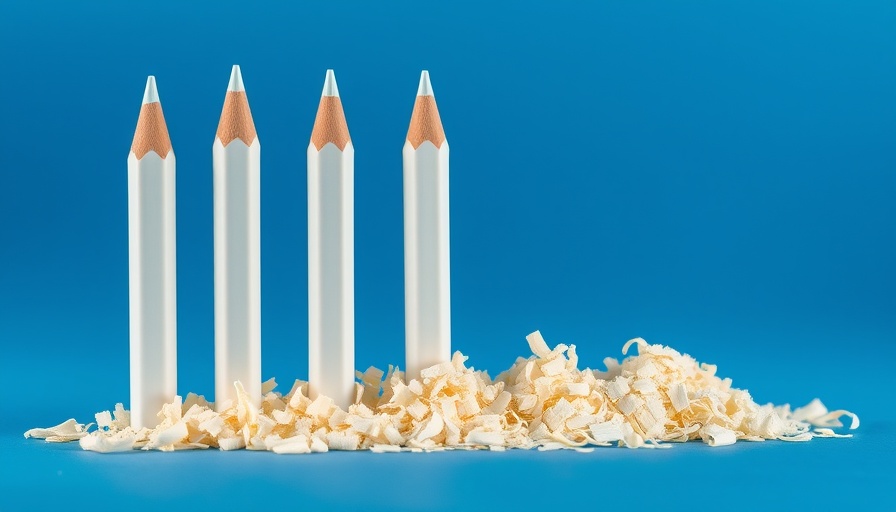 Five white pencils with shavings on blue background