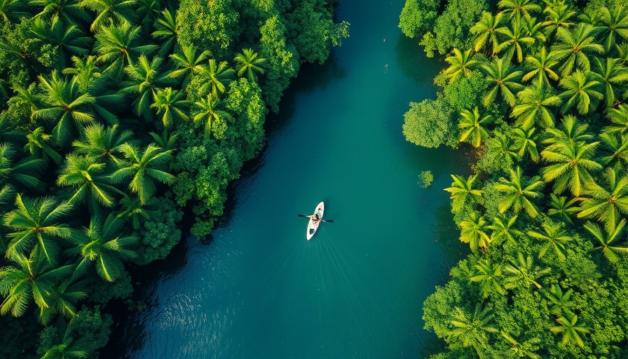Lush tropical river from above with kayaker, Is a River Alive Book.