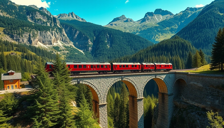 Classic summer adventure train in the Alps crossing a scenic bridge.
