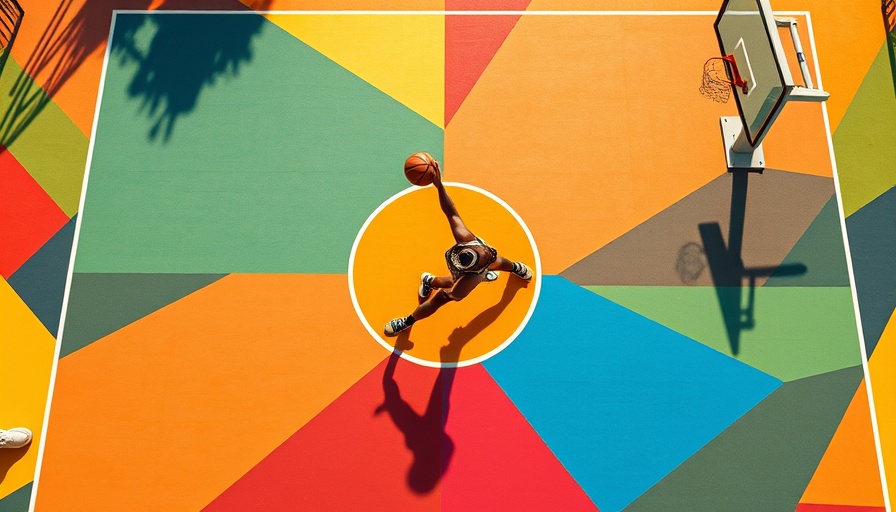 Aerial view of colorful basketball court with player in motion. Women in business.