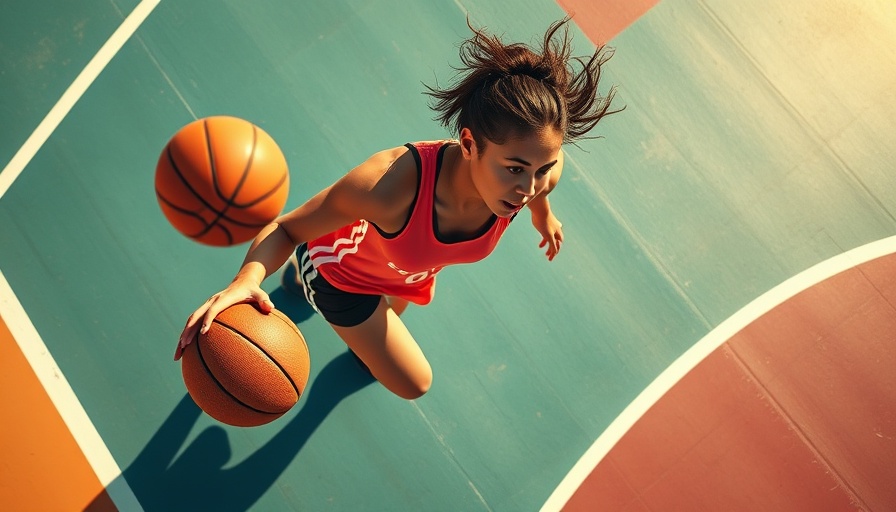 Aerial view of female athlete on a colorful basketball court.