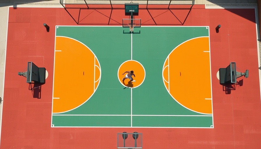 Aerial of geometric court with player in motion.