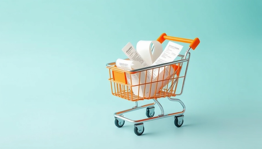 Vibrant orange shopping cart with receipts on teal background.