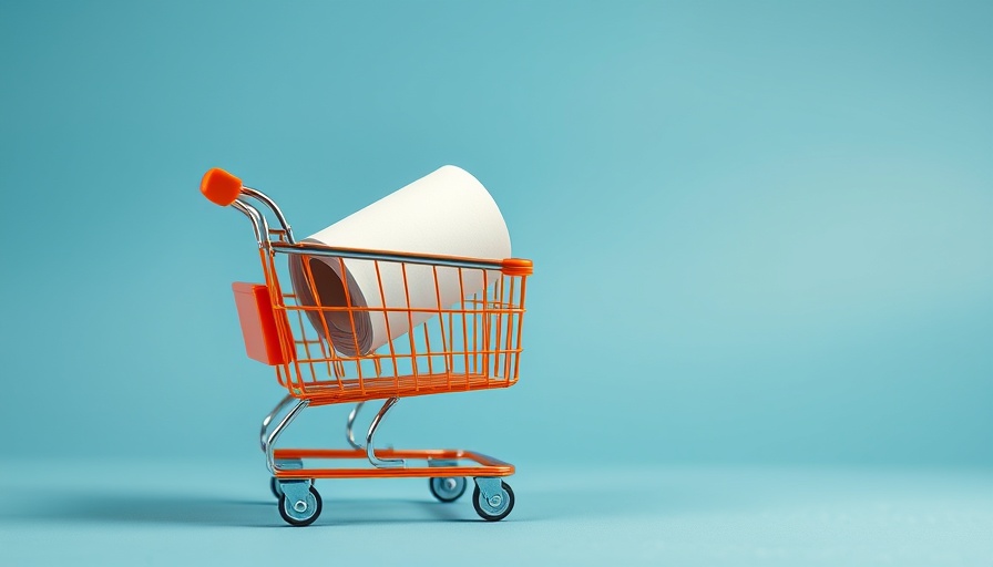 Orange shopping cart with paper roll on blue background, Women in business concept.