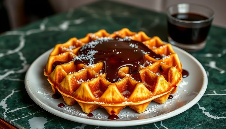 Belgian waffle with chocolate sauce on a marble table in Brussels.