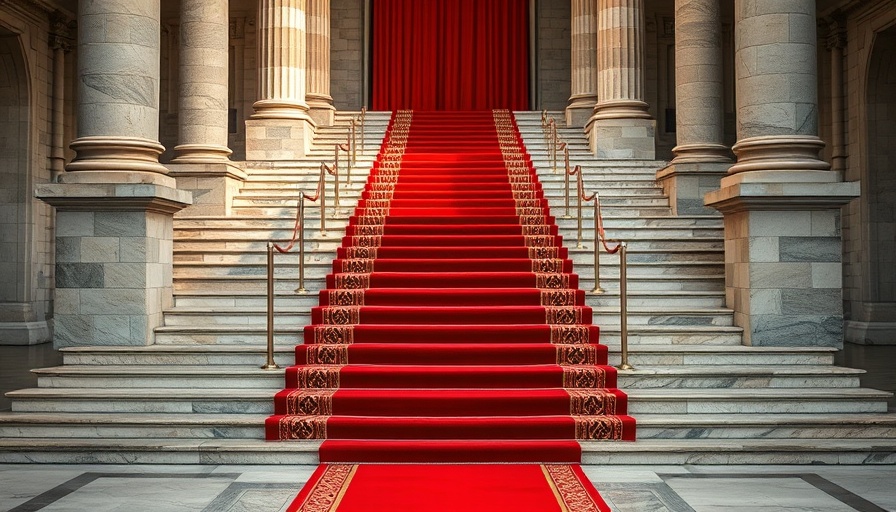 Red carpet on stone steps for celebrity events.