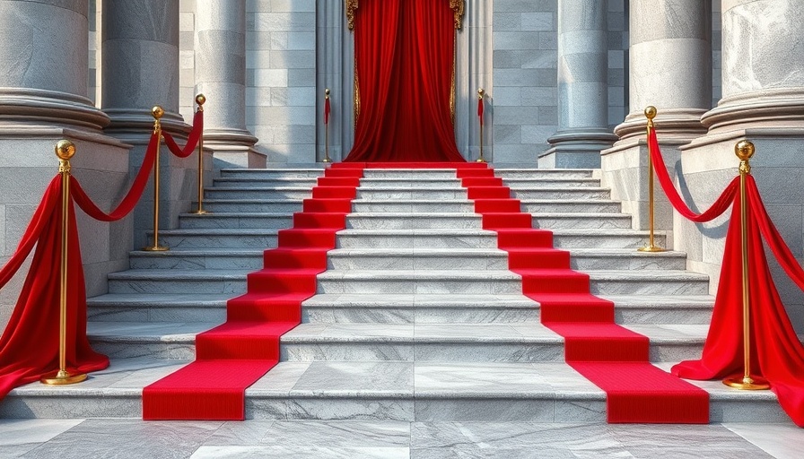 Luxurious red carpet on steps for a celebrity investor event.