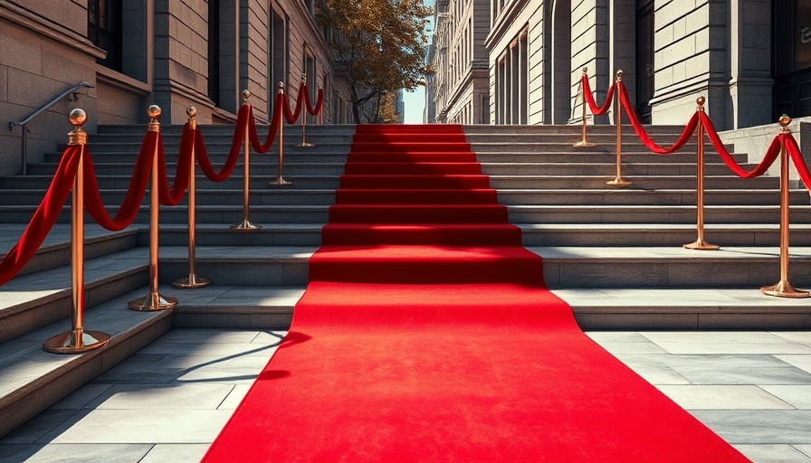 Luxurious red carpet on stone steps, symbolizing prestige and elegance.