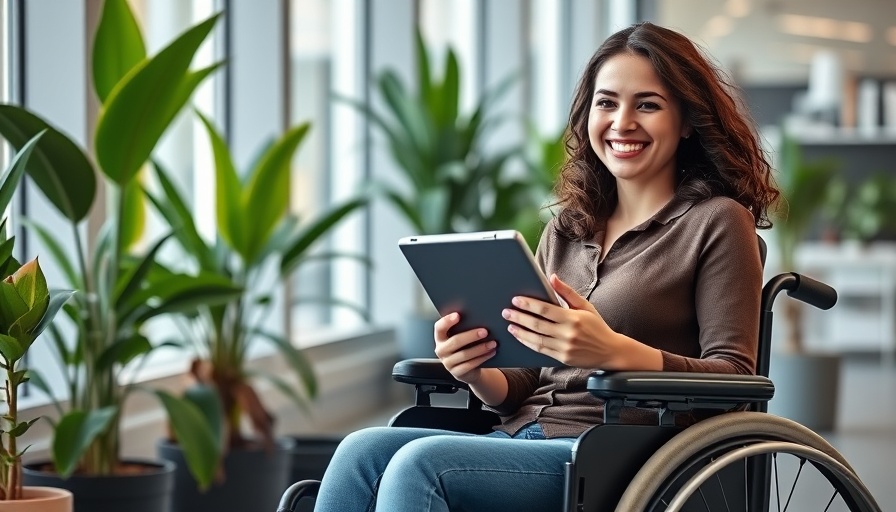Smiling woman in wheelchair using tablet in bright office space.