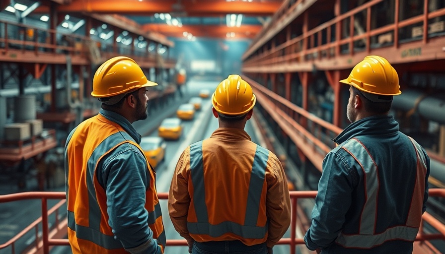 Three workers in hard hats supervising industrial operations in a factory