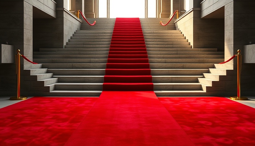 Elegant red carpet leading up grand stairs for attracting celebrity investors.