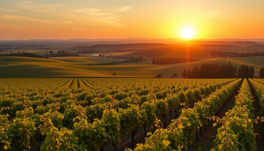 Vineyard landscape at sunset in California wine regions.