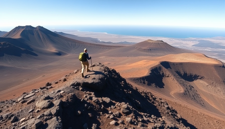 Hiker on Lanzarote's volcanic landscape ridge under clear sky.