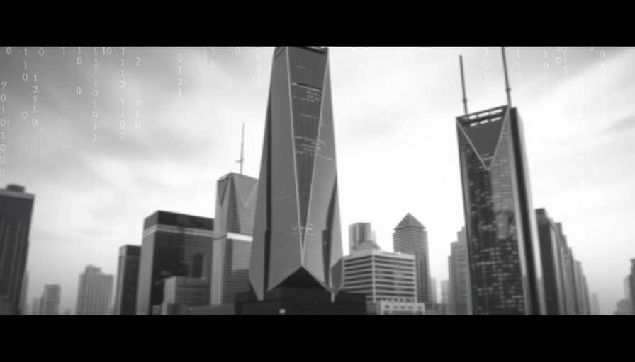 Monochrome skyscrapers with digital overlays symbolizing AI-driven inequality.