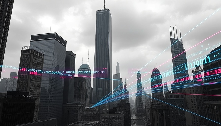 Skyscrapers with digital overlays symbolizing AI driven inequality