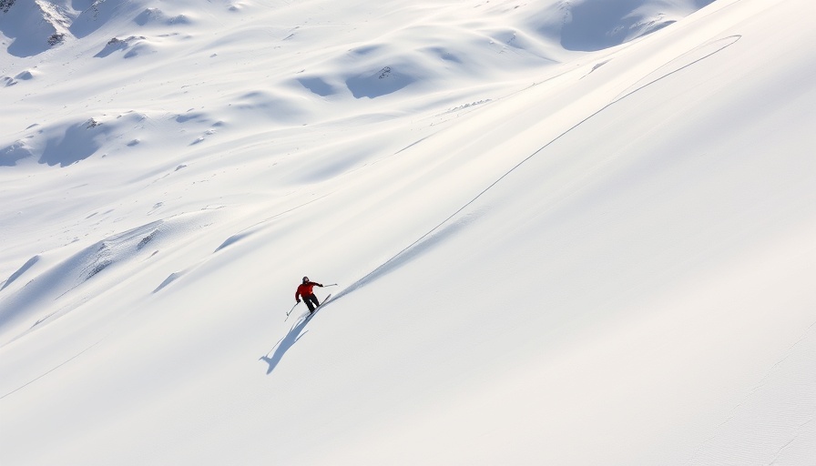 Solitary skier carving trails in pristine snow mountain landscape.