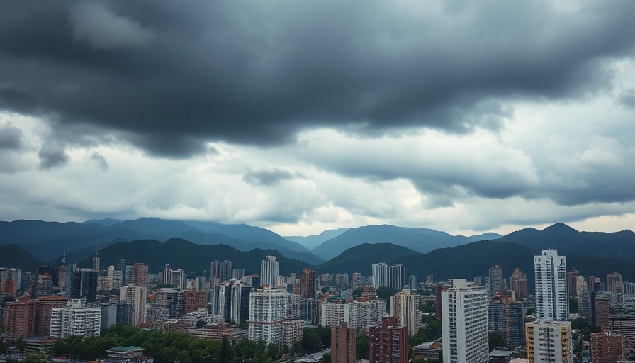 Stormy cityscape suggesting traveling during hurricane season